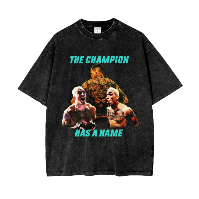 THE CHAMPION HAS A NAME turquoise text T-Shirt - ARETE